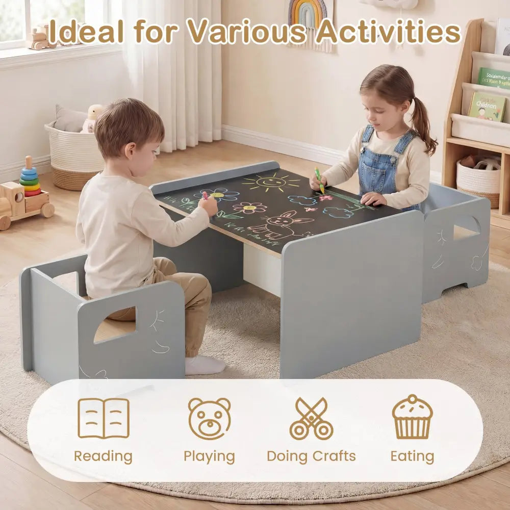 3 Pieces Kids Table and Chair Set with Space-saving Toddler Table and 2 Chairs-Gray - Gray - Kids Table & Chair Sets