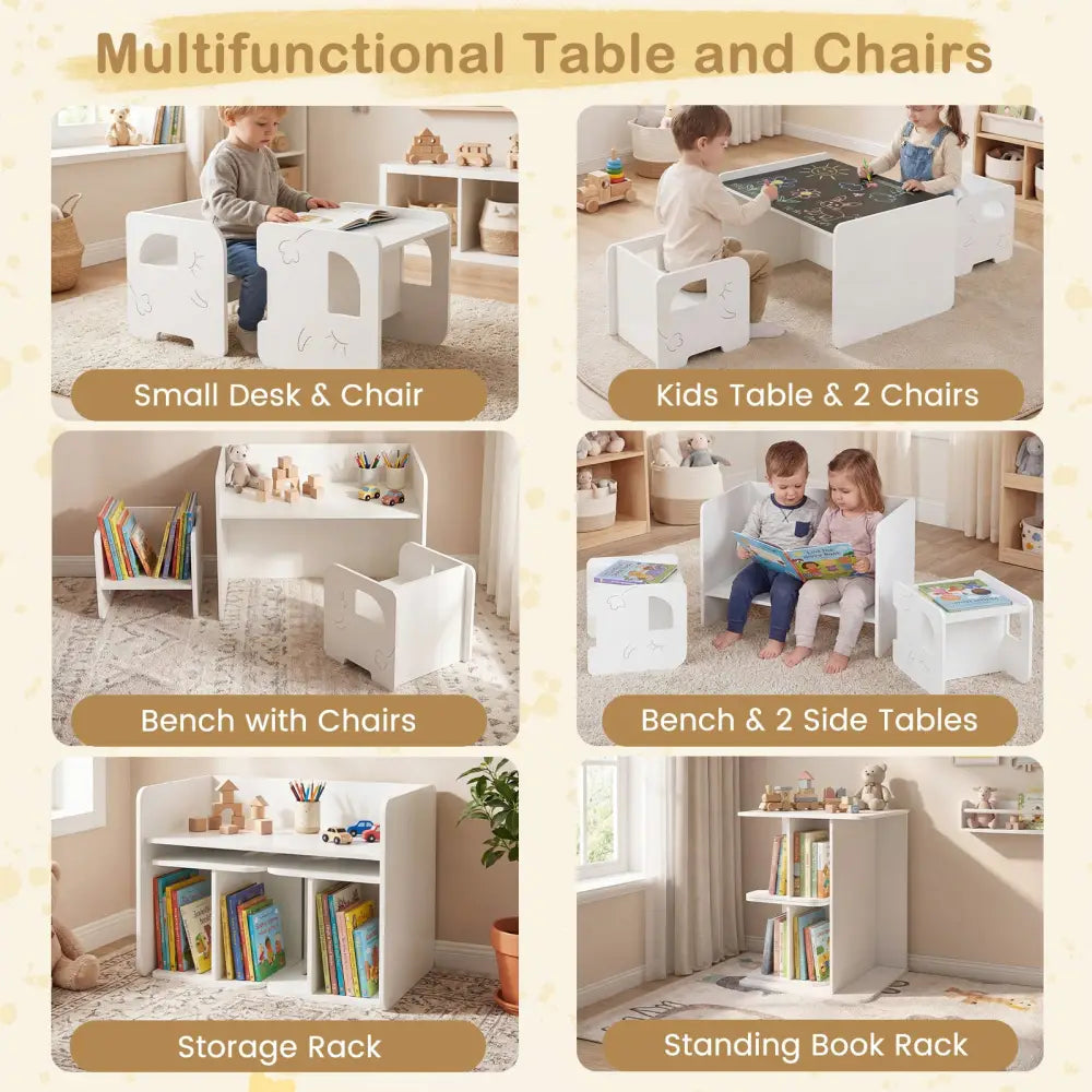 3 Pieces Kids Table and Chair Set with Space-saving Toddler Table and 2 Chairs-White - White - Kids Table & Chair Sets