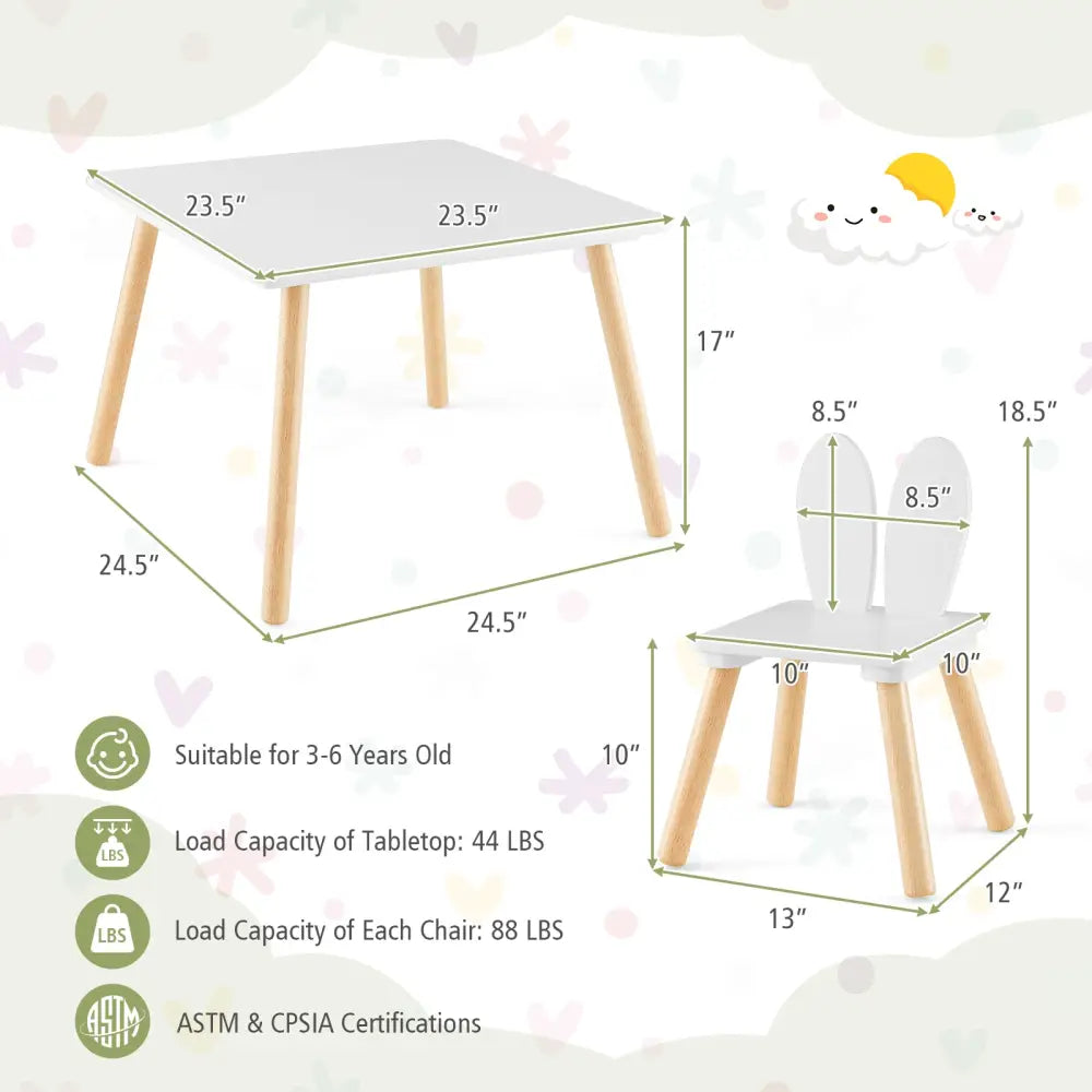 3 Pieces Kids Table and Chairs Set for Arts Crafts Snack Time-White - White - Kids Table & Chair Sets