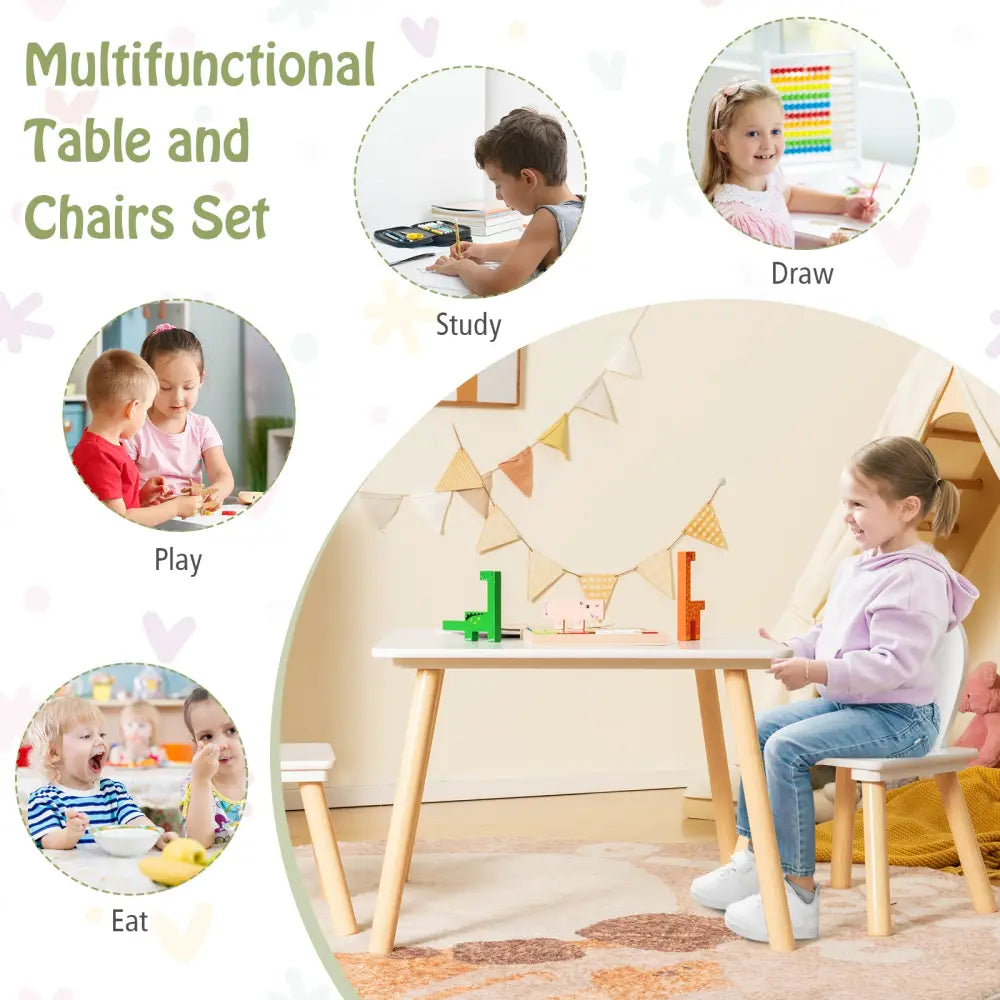 3 Pieces Kids Table and Chairs Set for Arts Crafts Snack Time-White - White - Kids Table & Chair Sets