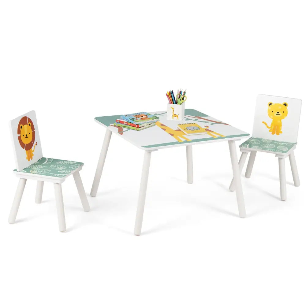 3 Pieces Kids Table and Chairs Set with Animal Patterns for Aged 3-6 Years Old - Kids Table & Chair Sets