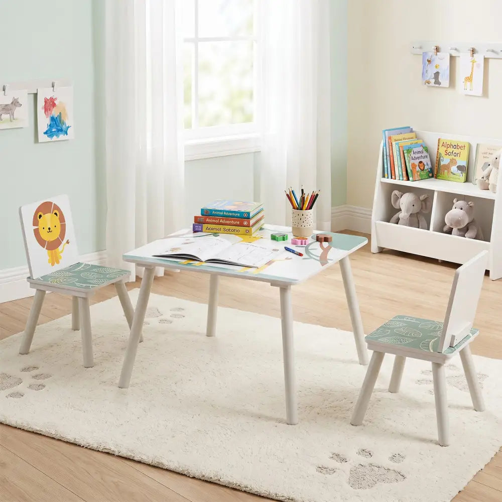 3 Pieces Kids Table and Chairs Set with Animal Patterns for Aged 3-6 Years Old - Kids Table & Chair Sets