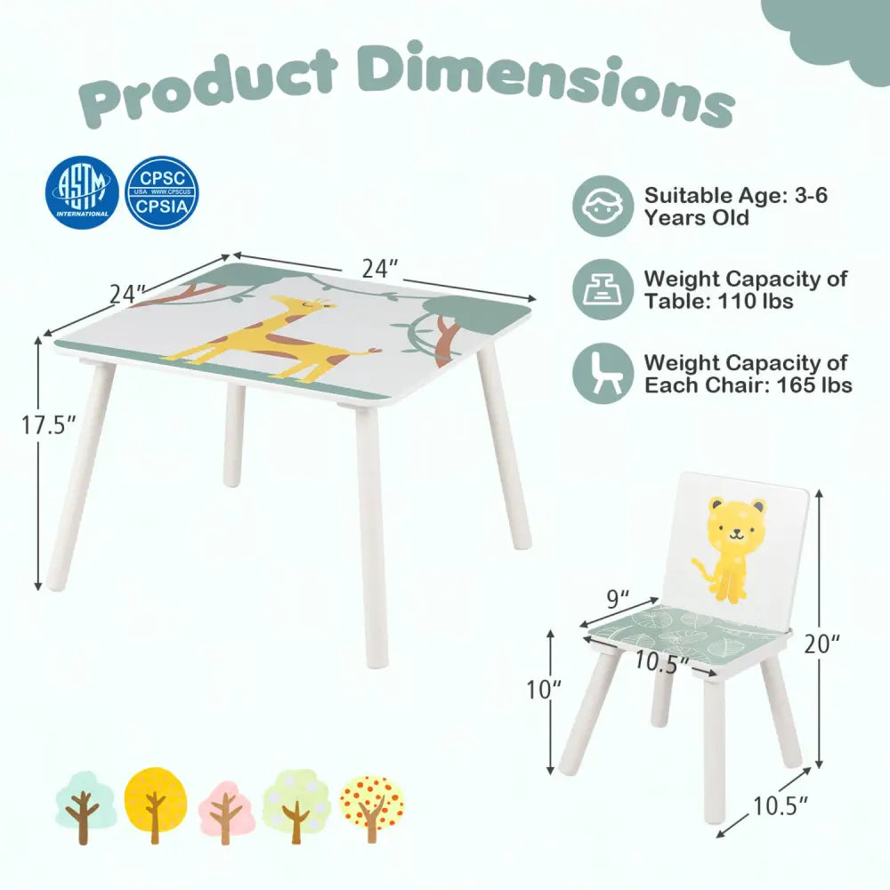 3 Pieces Kids Table and Chairs Set with Animal Patterns for Aged 3-6 Years Old - Kids Table & Chair Sets