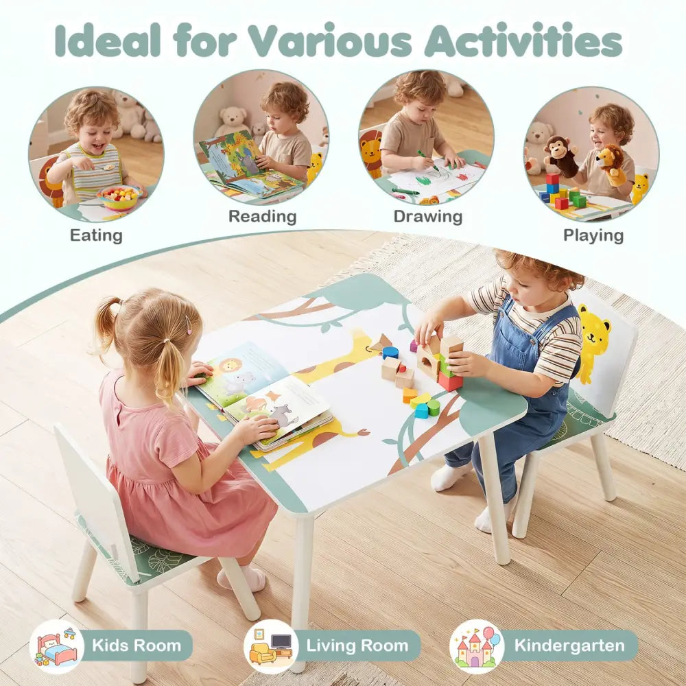 3 Pieces Kids Table and Chairs Set with Animal Patterns for Aged 3-6 Years Old - Kids Table & Chair Sets