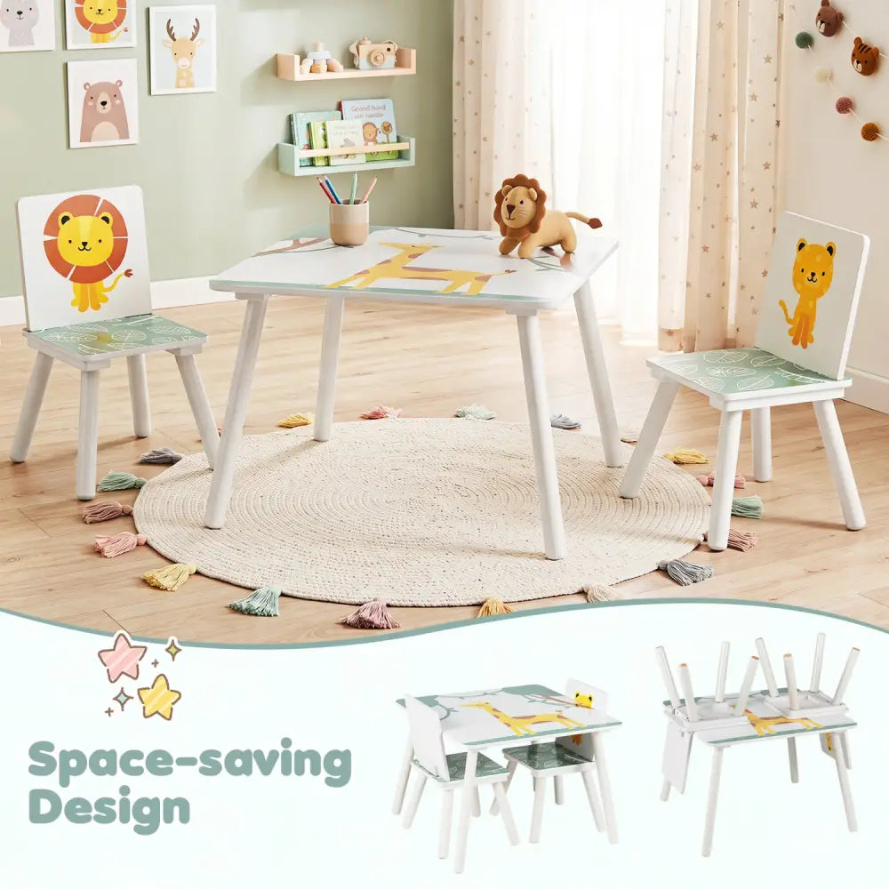 3 Pieces Kids Table and Chairs Set with Animal Patterns for Aged 3-6 Years Old - Kids Table & Chair Sets