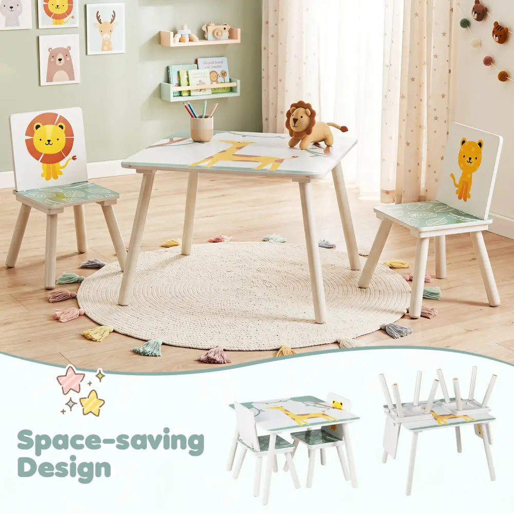 3 Pieces Kids Table and Chairs Set with Animal Patterns for Aged 3-6 Years Old - Kids Table & Chair Sets