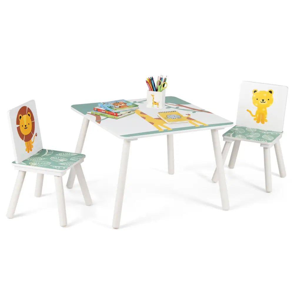 3 Pieces Kids Table and Chairs Set with Animal Patterns for Aged 3-6 Years Old - Kids Table & Chair Sets