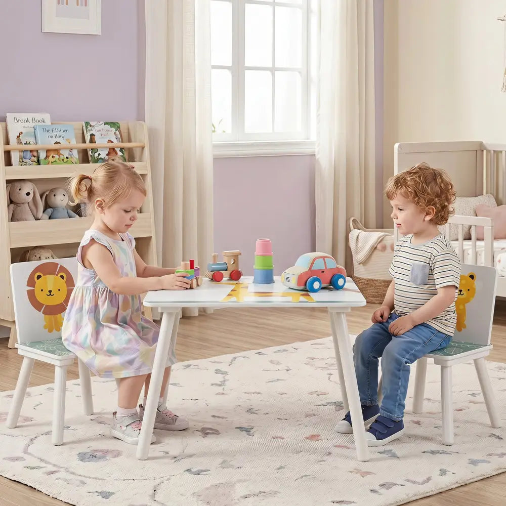 3 Pieces Kids Table and Chairs Set with Animal Patterns for Aged 3-6 Years Old - Kids Table & Chair Sets