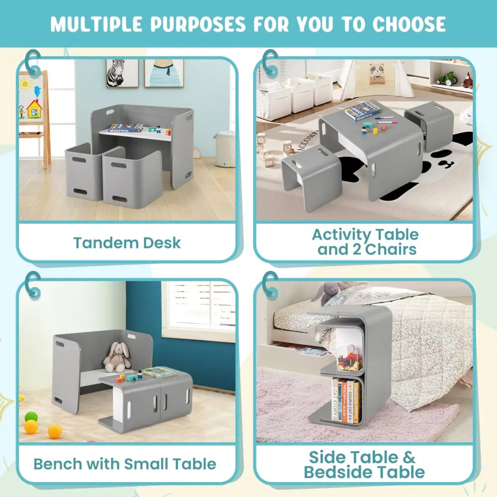 3 Pieces Kids Wooden Table and Chair Set-Gray - Gray - Kids Table & Chair Sets
