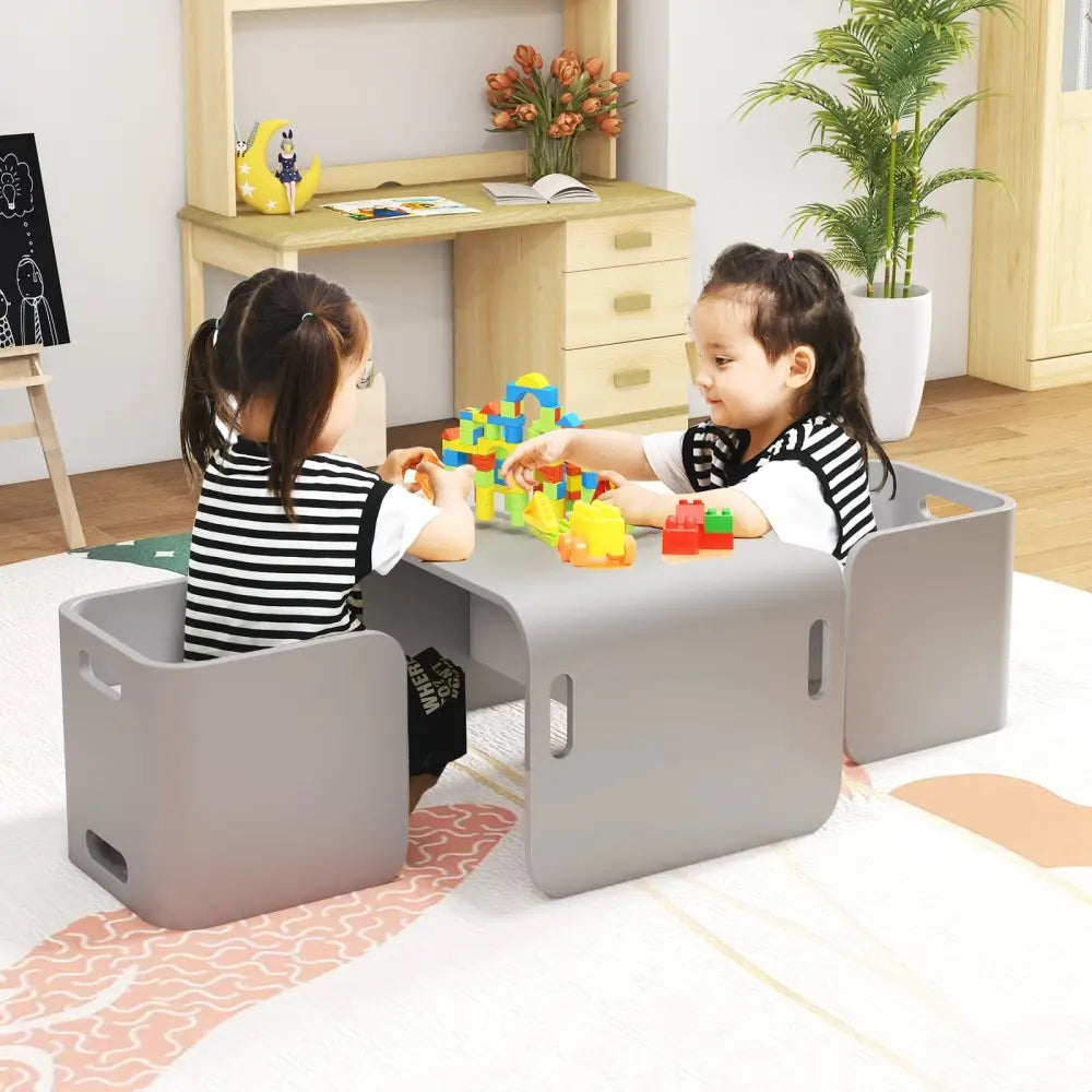 3 Pieces Kids Wooden Table and Chair Set-Gray - Gray - Kids Table & Chair Sets