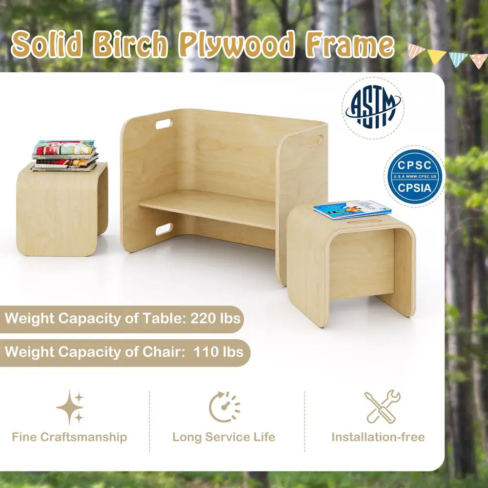 3 Pieces Kids Wooden Table and Chair Set-Natural - Natural - Kids Table & Chair Sets