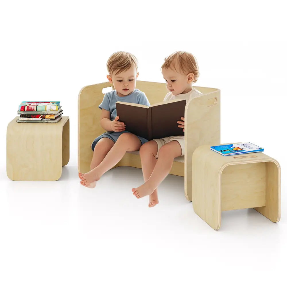 3 Pieces Kids Wooden Table and Chair Set-Natural - Natural - Kids Table & Chair Sets
