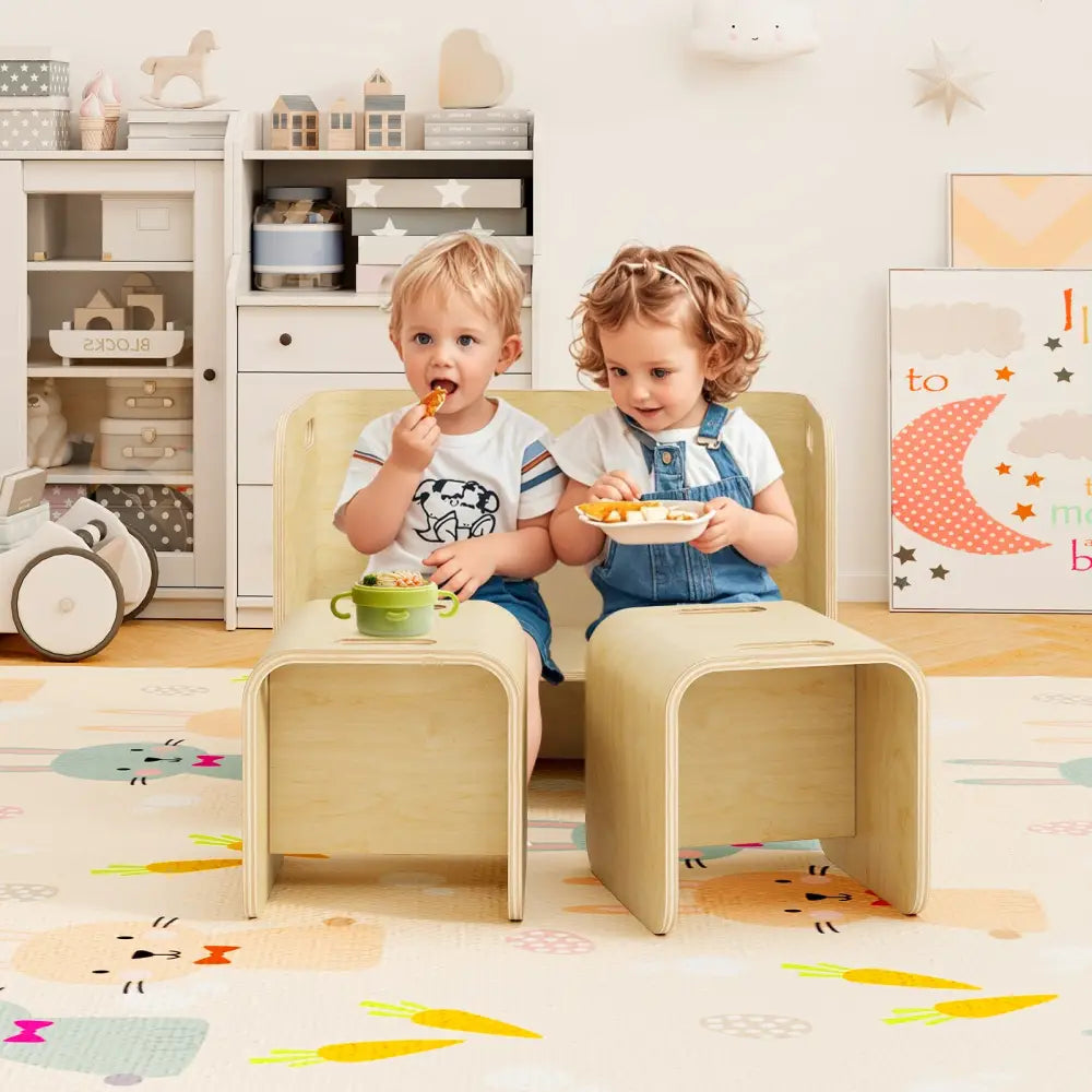3 Pieces Kids Wooden Table and Chair Set-Natural - Natural - Kids Table & Chair Sets