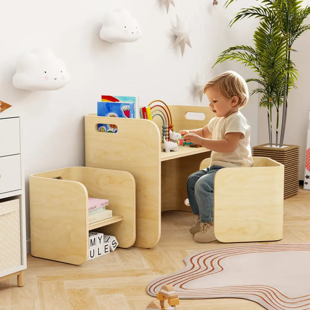 3 Pieces Kids Wooden Table and Chair Set-Natural - Natural - Kids Table & Chair Sets