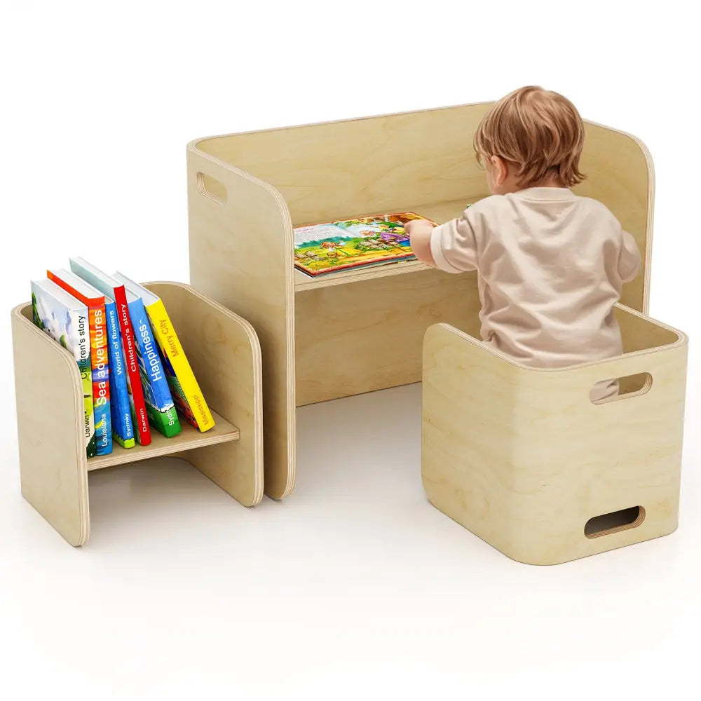 3 Pieces Kids Wooden Table and Chair Set-Natural - Natural - Kids Table & Chair Sets