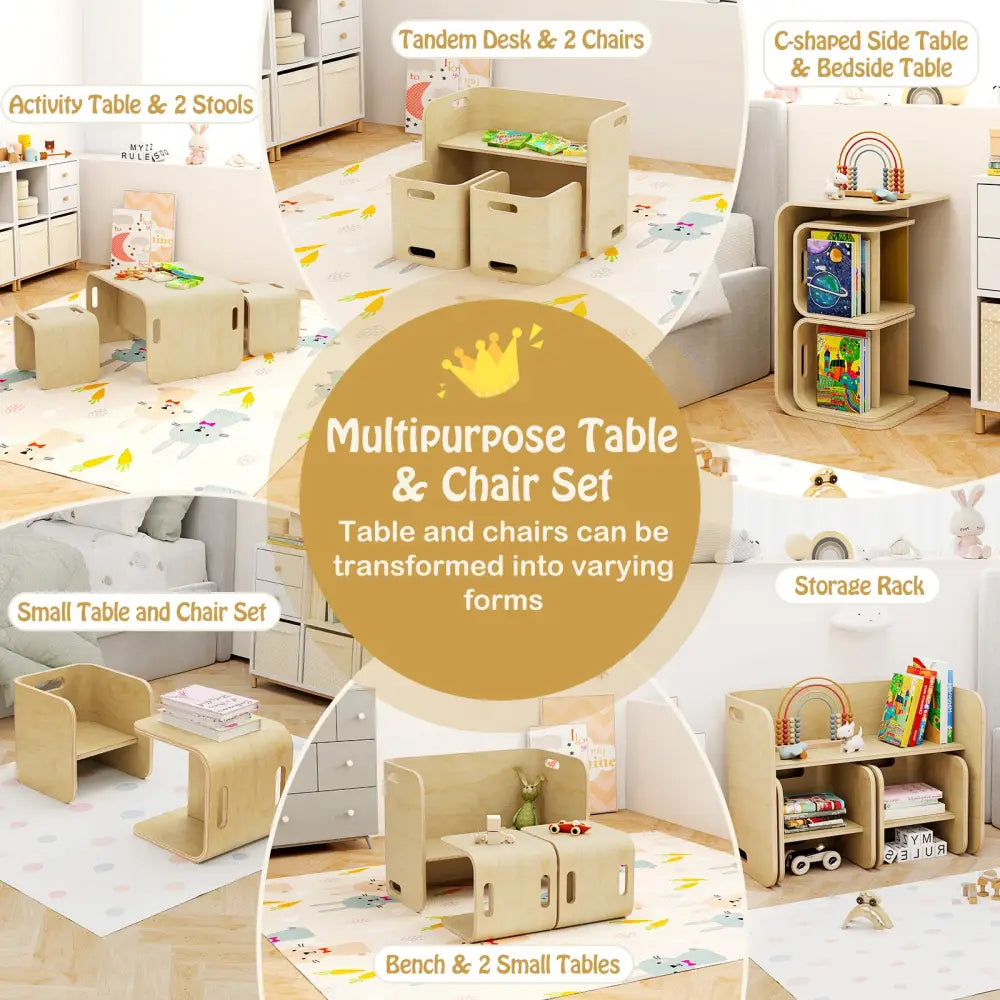 3 Pieces Kids Wooden Table and Chair Set-Natural - Natural - Kids Table & Chair Sets