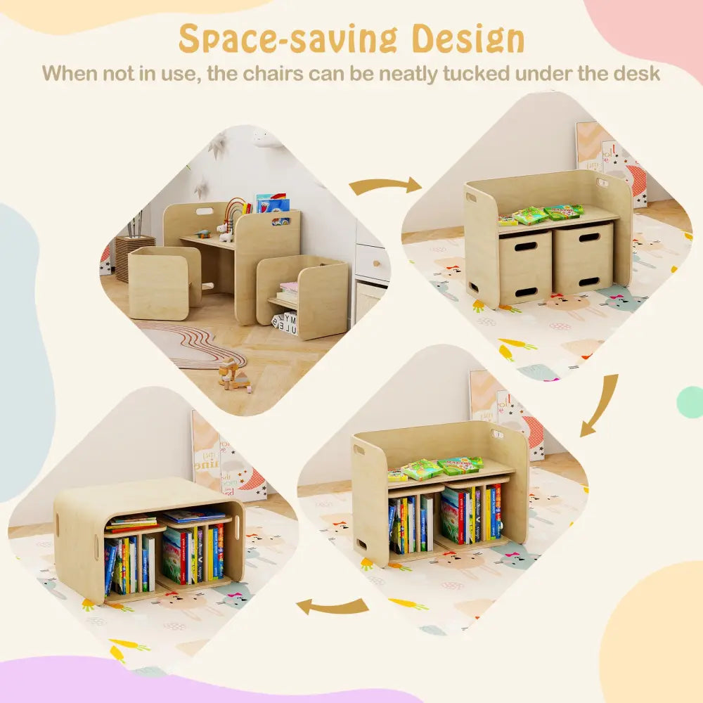3 Pieces Kids Wooden Table and Chair Set-Natural - Natural - Kids Table & Chair Sets