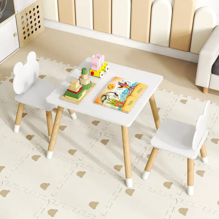 3 Pieces Kids Wooden Table and Chair Set with Cute Froggy Design-White - White - Kids Table & Chair Sets