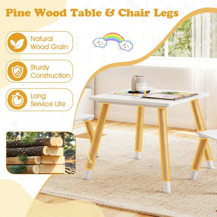 3 Pieces Kids Wooden Table and Chair Set with Cute Froggy Design-White - White - Kids Table & Chair Sets