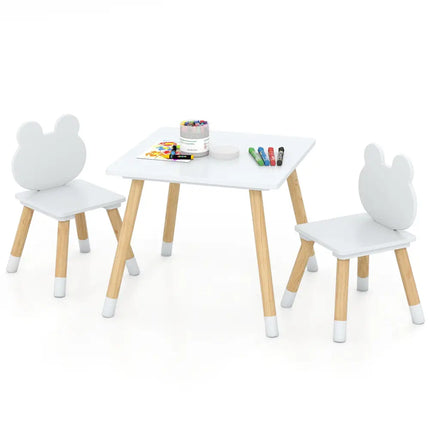 3 Pieces Kids Wooden Table and Chair Set with Cute Froggy Design-White - White - Kids Table & Chair Sets