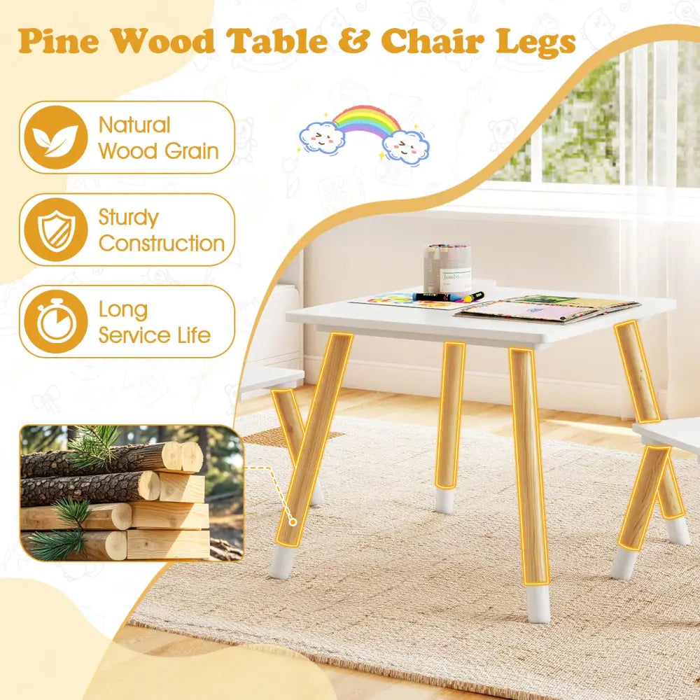 3 Pieces Kids Wooden Table and Chair Set with Cute Froggy Design-White - White - Kids Table & Chair Sets
