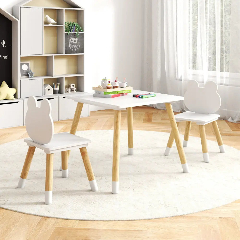 3 Pieces Kids Wooden Table and Chair Set with Cute Froggy Design-White - White - Kids Table & Chair Sets