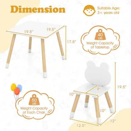 3 Pieces Kids Wooden Table and Chair Set with Cute Froggy Design-White - White - Kids Table & Chair Sets