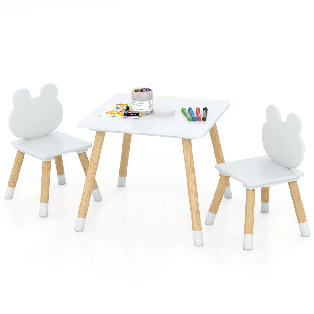 3 Pieces Kids Wooden Table and Chair Set with Cute Froggy Design-White - White - Kids Table & Chair Sets