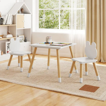 3 Pieces Kids Wooden Table and Chair Set with Cute Froggy Design-White - White - Kids Table & Chair Sets