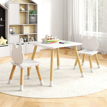 3 Pieces Kids Wooden Table and Chair Set with Cute Froggy Design-White - White - Kids Table & Chair Sets