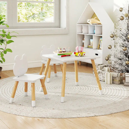 3 Pieces Kids Wooden Table and Chair Set with Cute Froggy Design-White - White - Kids Table & Chair Sets