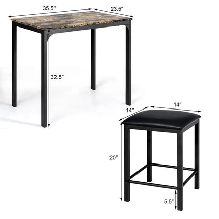 3 Pieces Kitchen Counter Height Faux Marble Table 2 Chairs Set Costway