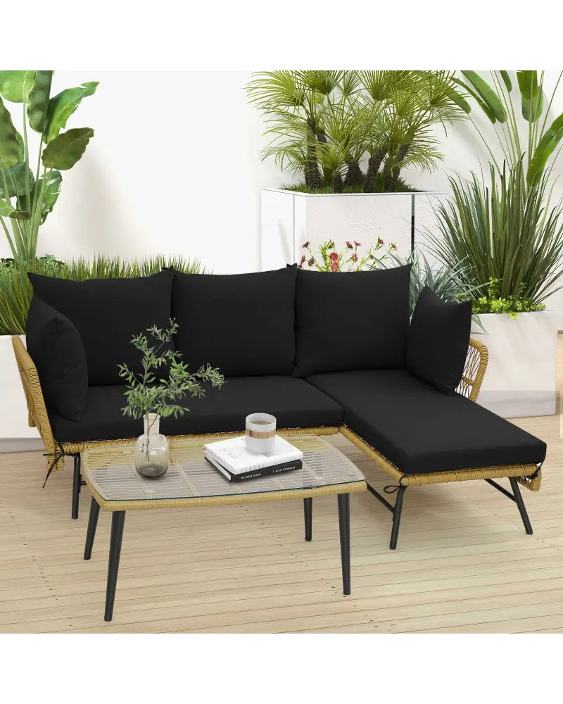 3 Pieces L-Shaped Patio Sofa with Cushions and Tempered Glass Table-Black - Black - Patio Conversation Sets