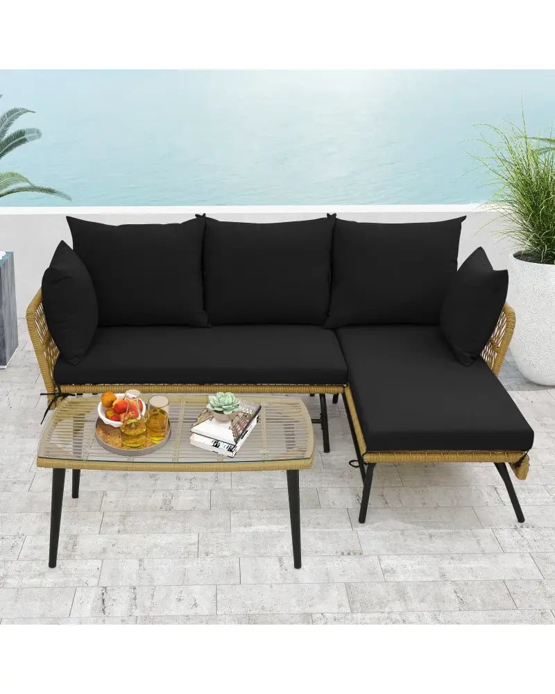 3 Pieces L-Shaped Patio Sofa with Cushions and Tempered Glass Table-Black - Black - Patio Conversation Sets