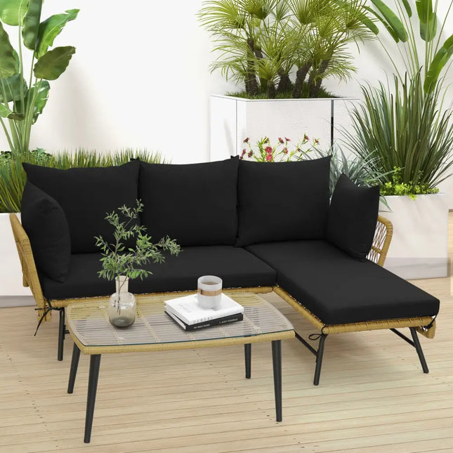 3 Pieces L-Shaped Patio Sofa with Cushions and Tempered Glass Table-Black - Black - Patio Conversation Sets