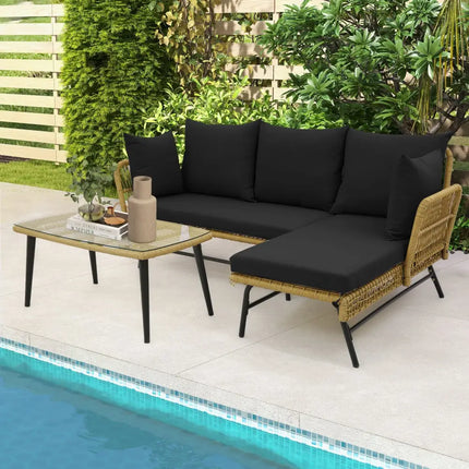 3 Pieces L-Shaped Patio Sofa with Cushions and Tempered Glass Table-Black - Black - Patio Conversation Sets