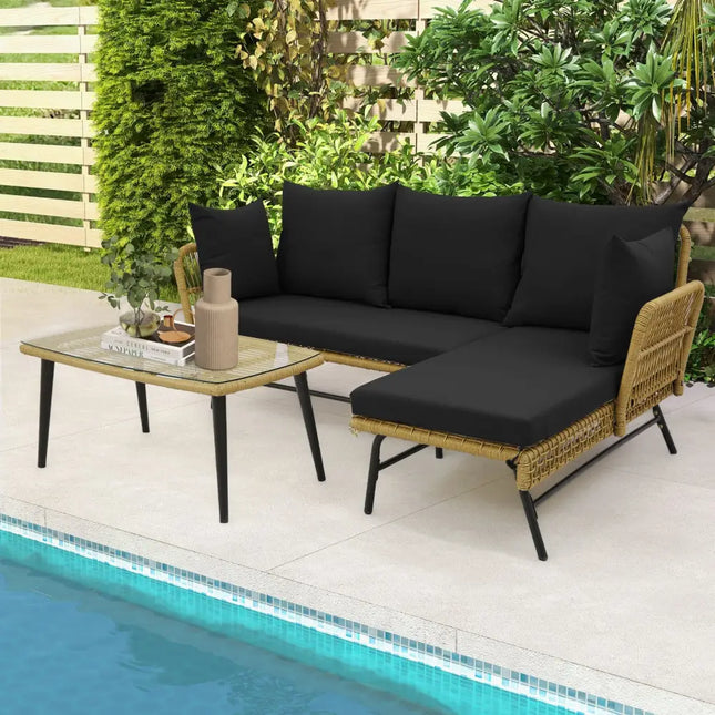 3 Pieces L-Shaped Patio Sofa with Cushions and Tempered Glass Table-Black - Black - Patio Conversation Sets