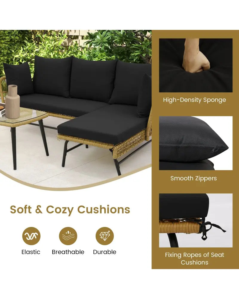3 Pieces L-Shaped Patio Sofa with Cushions and Tempered Glass Table-Black - Black - Patio Conversation Sets