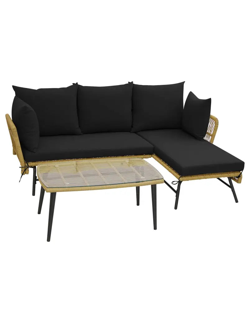3 Pieces L-Shaped Patio Sofa with Cushions and Tempered Glass Table-Black - Black - Patio Conversation Sets
