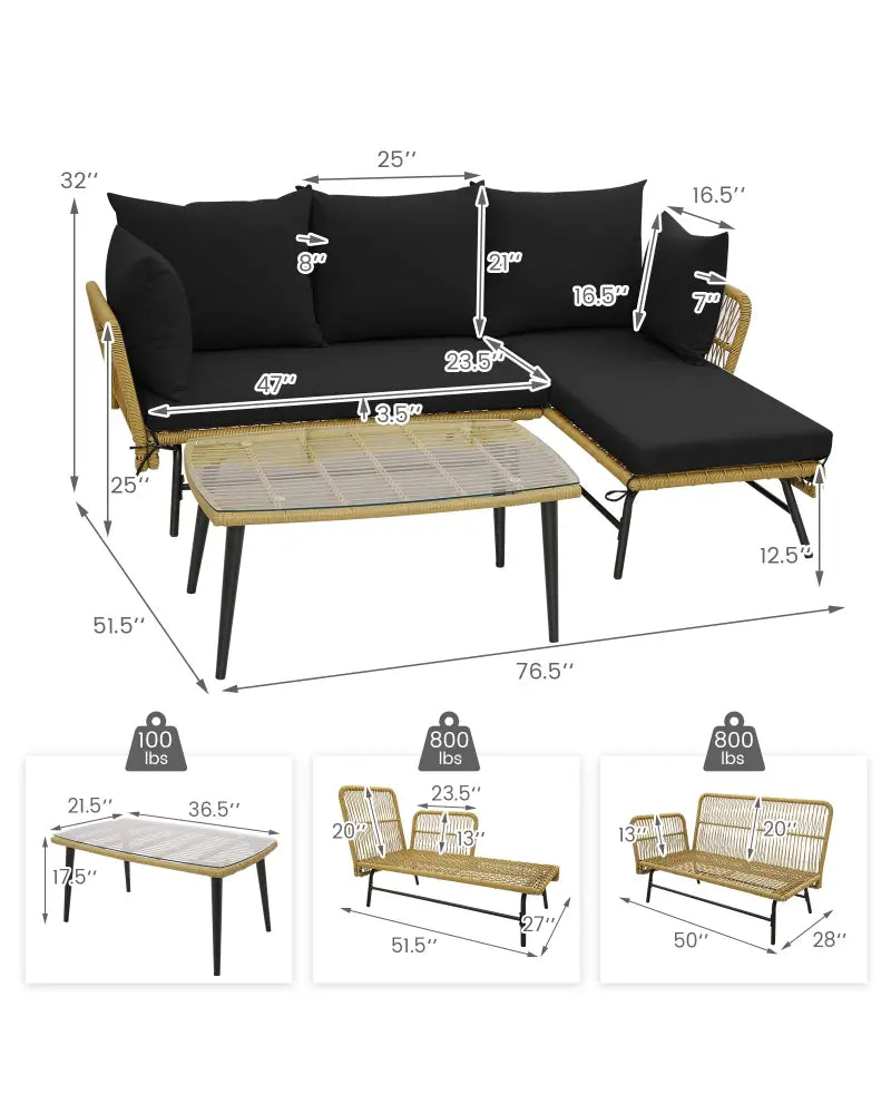 3 Pieces L-Shaped Patio Sofa with Cushions and Tempered Glass Table-Black - Black - Patio Conversation Sets