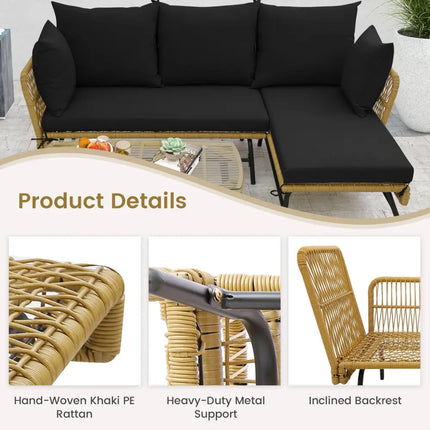 3 Pieces L-Shaped Patio Sofa with Cushions and Tempered Glass Table-Black - Black - Patio Conversation Sets