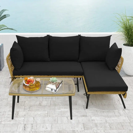3 Pieces L-Shaped Patio Sofa with Cushions and Tempered Glass Table-Black - Black - Patio Conversation Sets