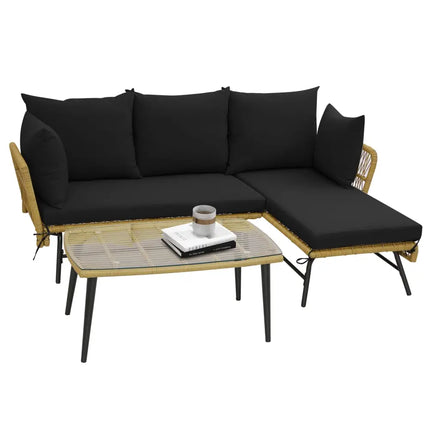 3 Pieces L-Shaped Patio Sofa with Cushions and Tempered Glass Table-Black - Black - Patio Conversation Sets