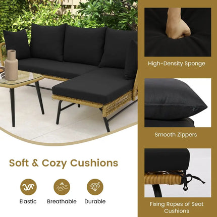 3 Pieces L-Shaped Patio Sofa with Cushions and Tempered Glass Table-Black - Black - Patio Conversation Sets