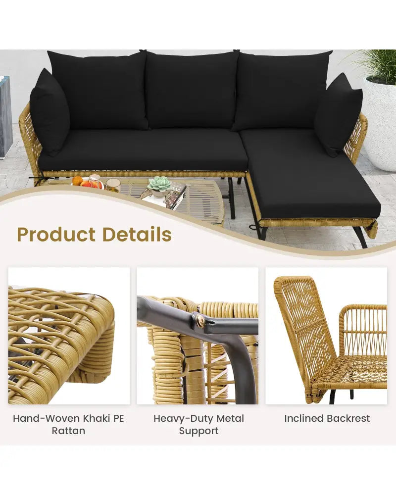 3 Pieces L-Shaped Patio Sofa with Cushions and Tempered Glass Table-Black - Black - Patio Conversation Sets