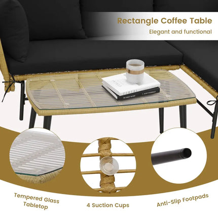 3 Pieces L-Shaped Patio Sofa with Cushions and Tempered Glass Table-Black - Black - Patio Conversation Sets