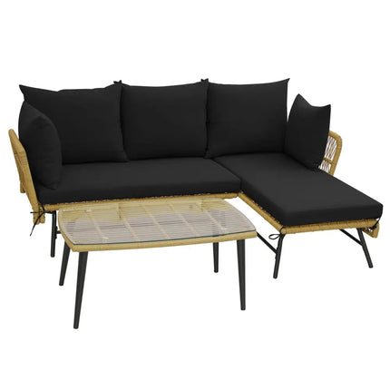 3 Pieces L-Shaped Patio Sofa with Cushions and Tempered Glass Table-Black - Black - Patio Conversation Sets