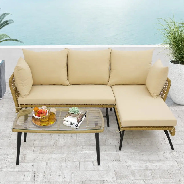 3 Pieces L-Shaped Patio Sofa with Cushions and Tempered Glass Table-Beige - Beige - Patio Conversation Sets