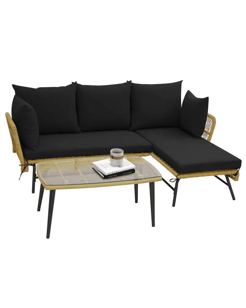3 Pieces L-Shaped Patio Sofa with Cushions and Tempered Glass Table-Black - Black - Patio Conversation Sets