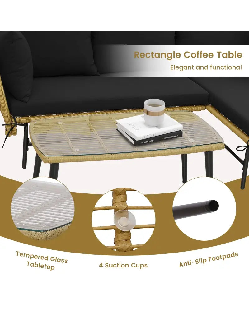 3 Pieces L-Shaped Patio Sofa with Cushions and Tempered Glass Table-Black - Black - Patio Conversation Sets